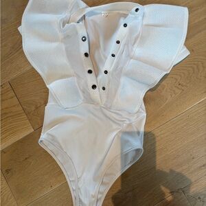 White Ruffled Bodysuit with Button Detail